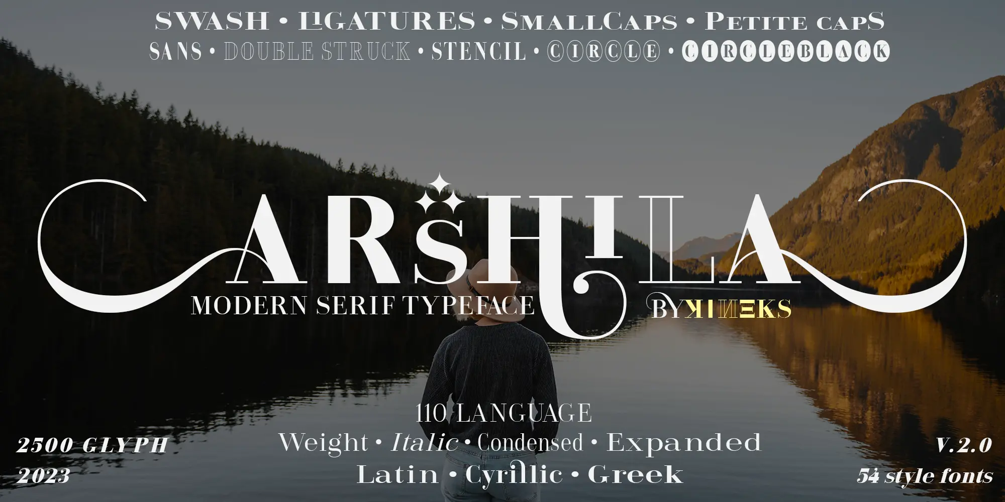 Arshila modern serif typeface featuring 54 styles and expressive OpenType features