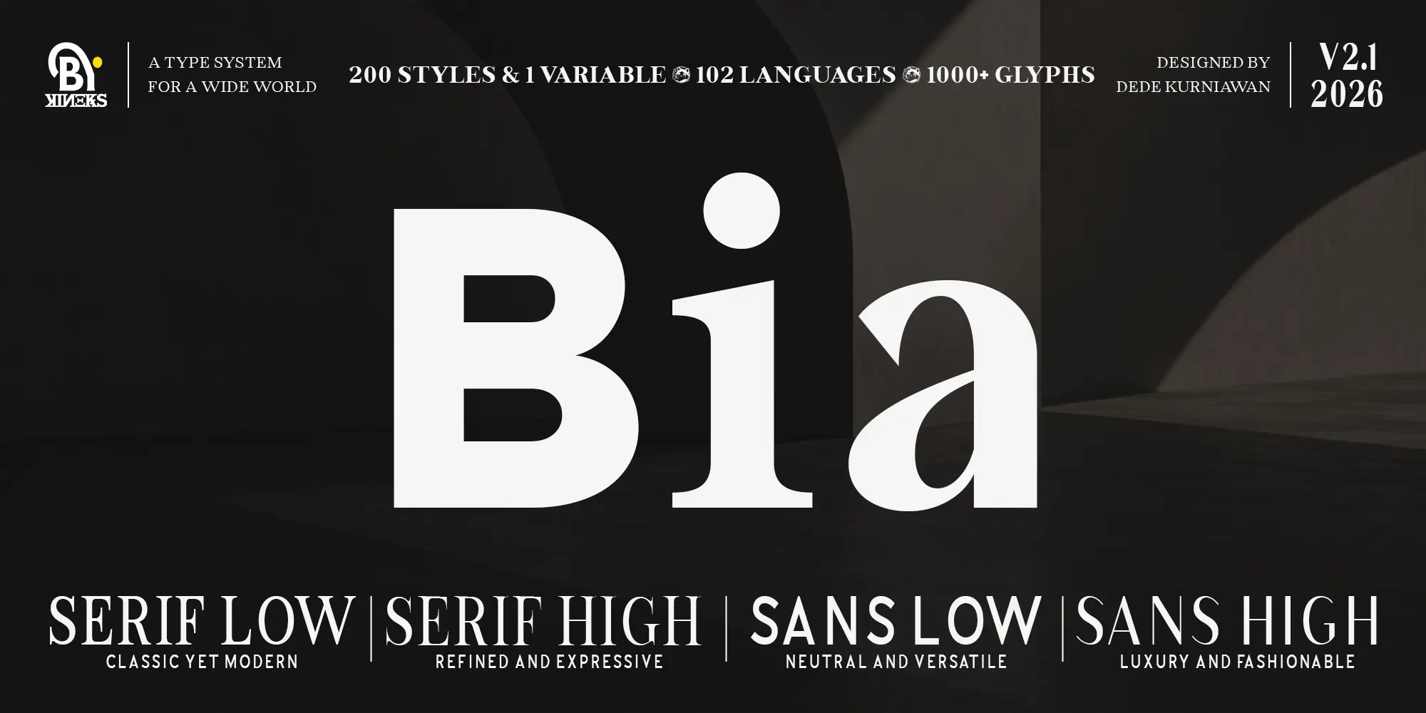 Bia type system featuring 200 styles across Serif Low, Serif High, Sans Low, and Sans High
