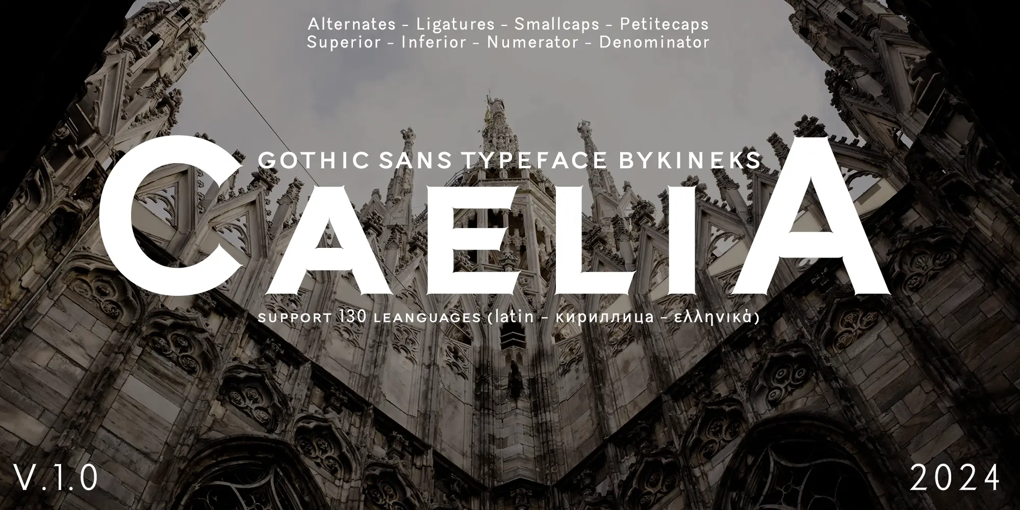 Caelia Gothic Sans typeface by Bykineks displayed over Gothic architecture, featuring alternates, ligatures, small caps, petite caps, superior, inferior, numerator and denominator figures, and support for 130 languages