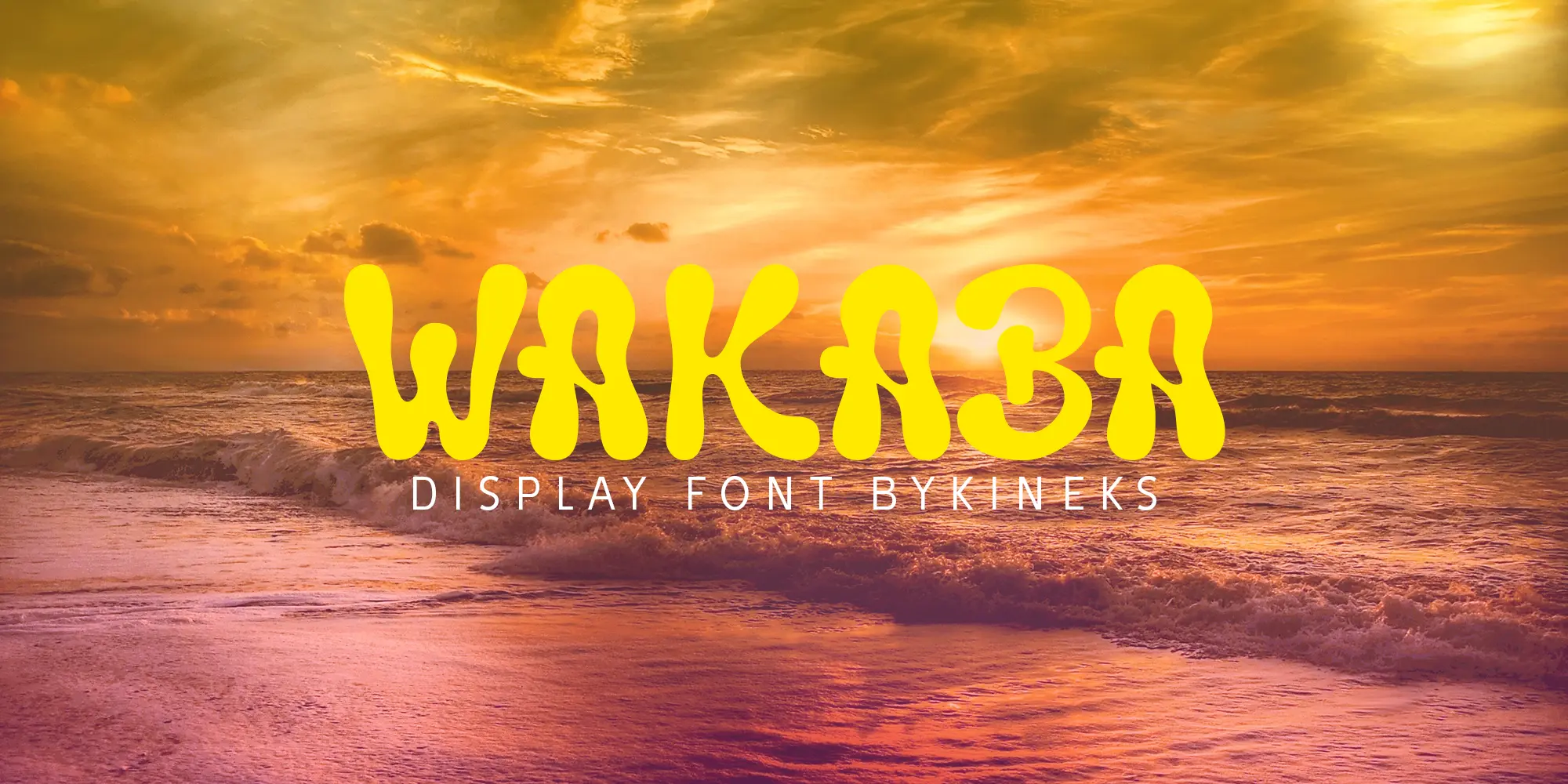 Wakaba Display Font by Bykineks shown over a sunset ocean scene