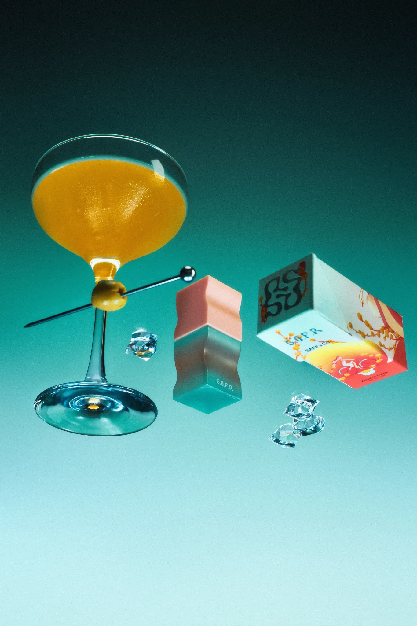 Saff & Co. SOFR perfume bottle and packaging styled with a cocktail-inspired turquoise composition