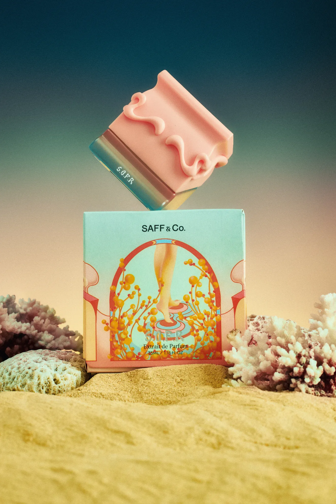 Saff & Co. SOFR perfume bottle and illustrated packaging in a soft peach and turquoise setting